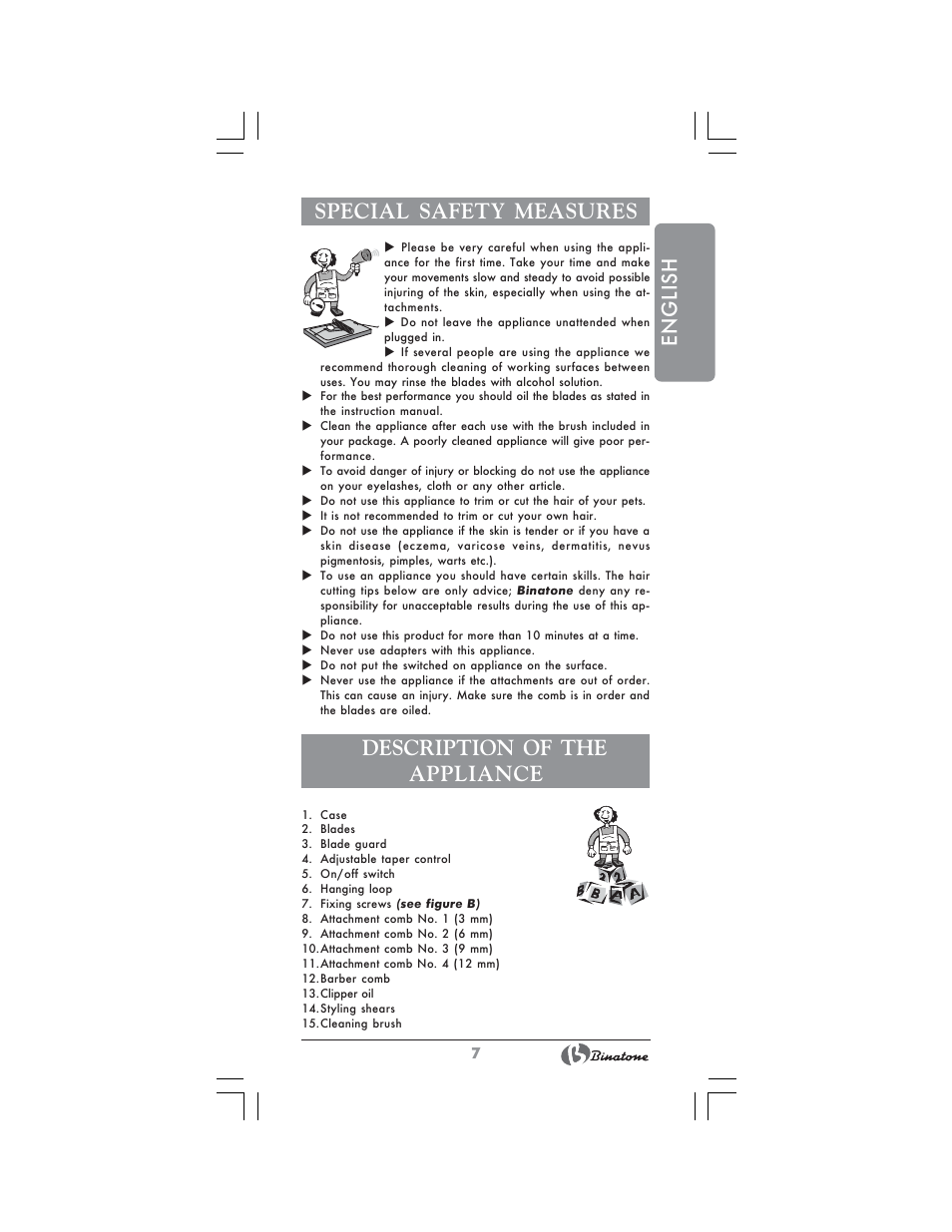 English special safety measures, Description of the appliance | Binatone HC-403 User Manual | Page 7 / 40