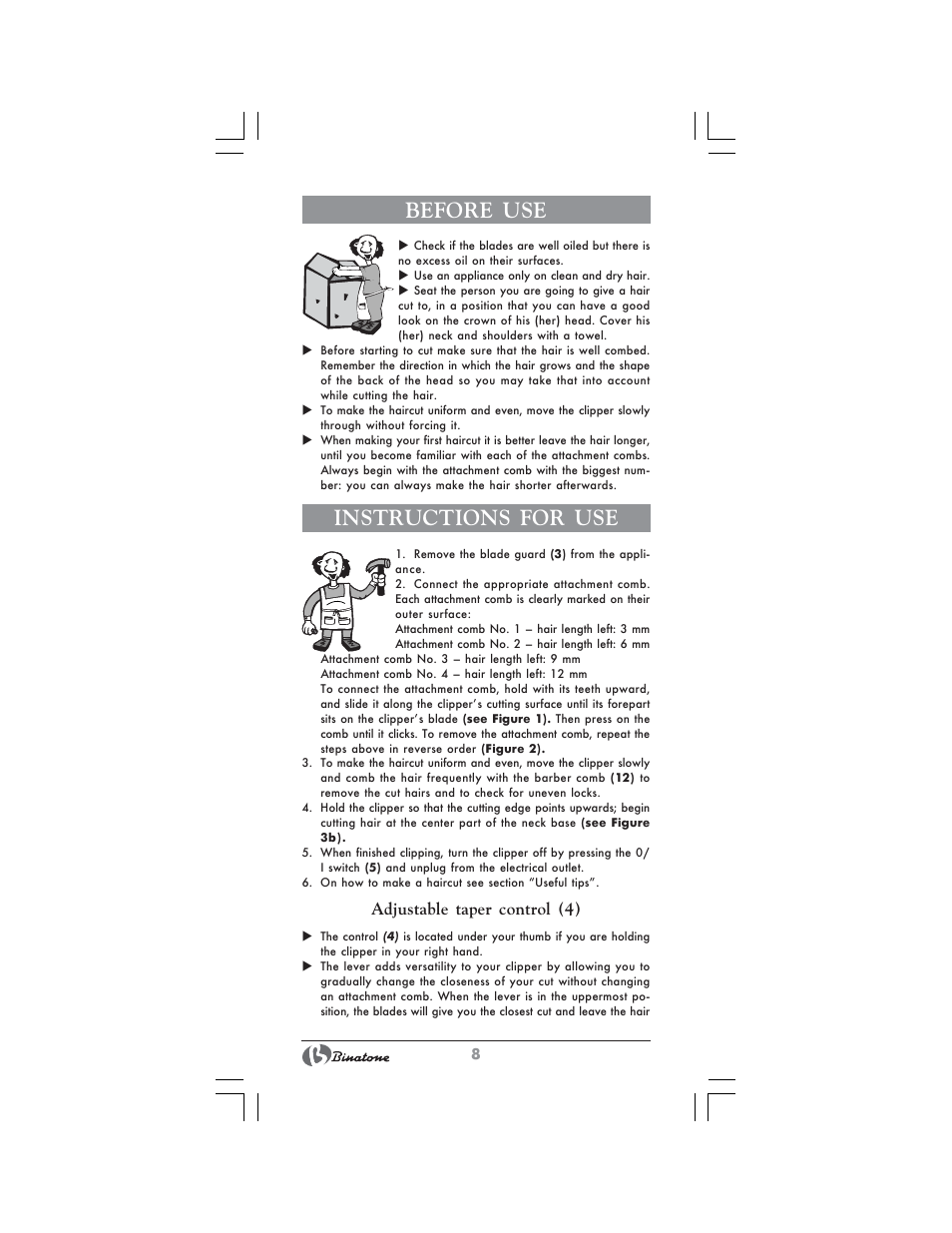 Before use, Instructions for use, Adjustable taper control (4) | Binatone HC-403 User Manual | Page 8 / 40