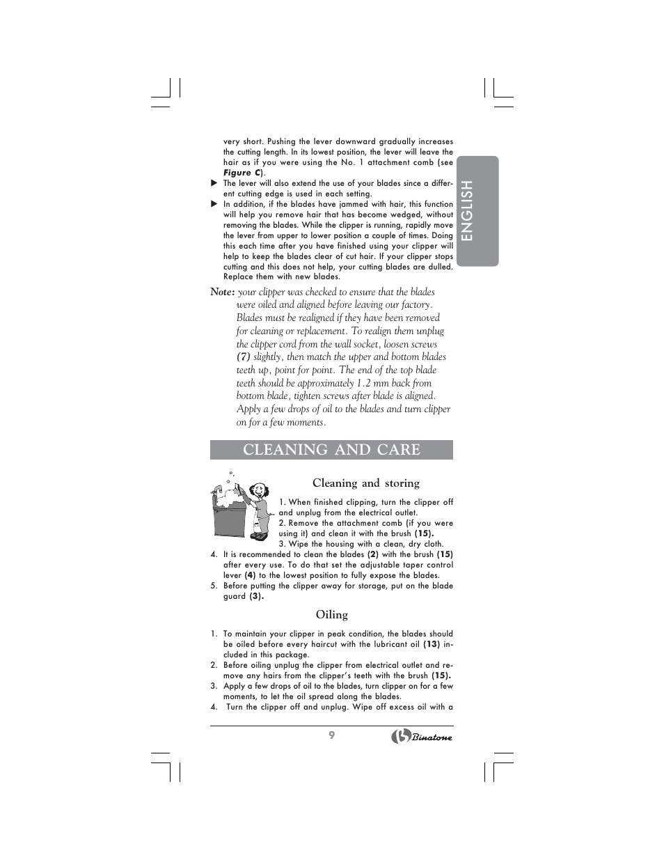English, Cleaning and care | Binatone HC-403 User Manual | Page 9 / 40