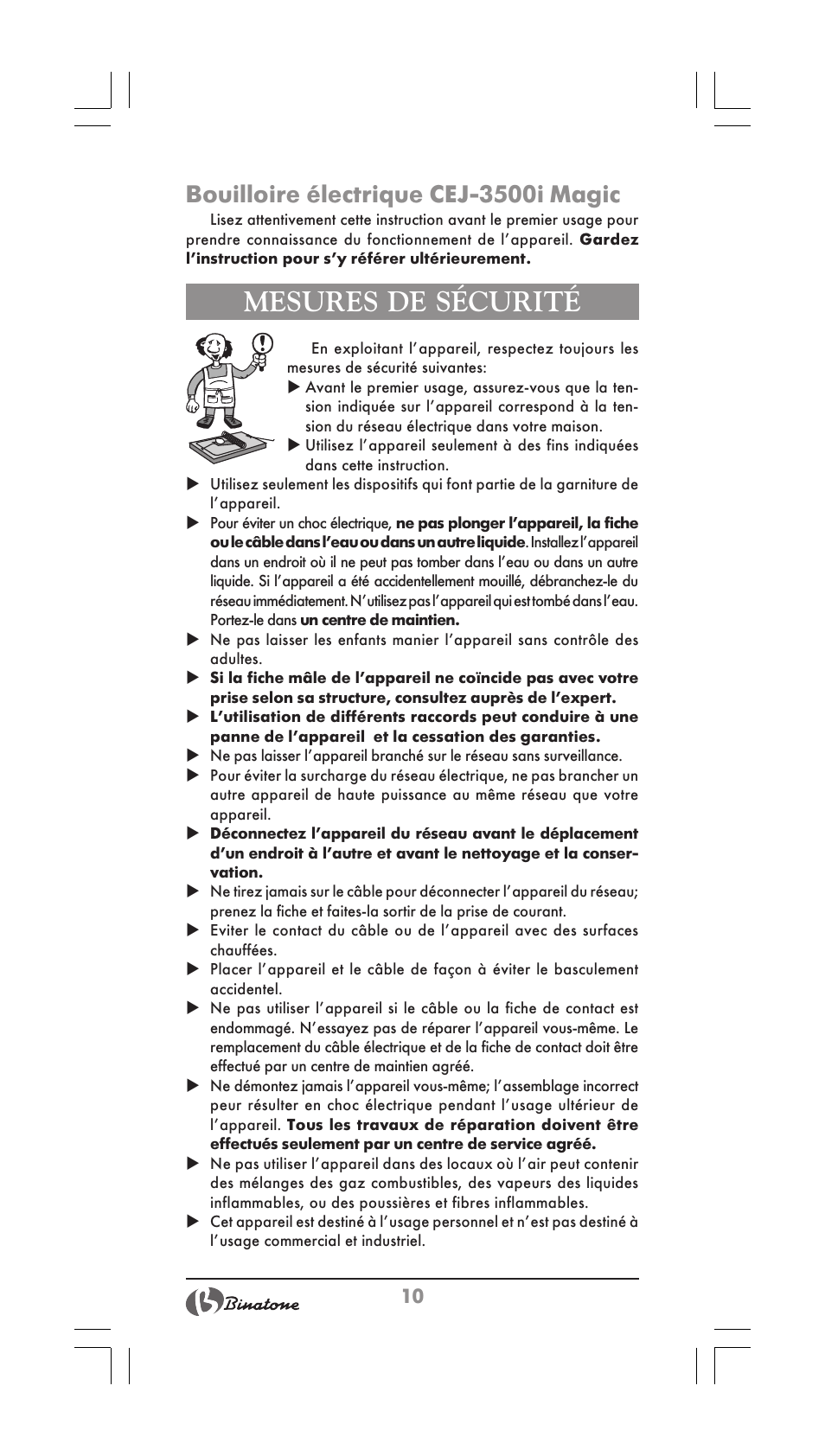 Mesures de sécurité, Bouilloire électrique cej-3500i magic | Binatone CEJ-3500i User Manual | Page 10 / 30