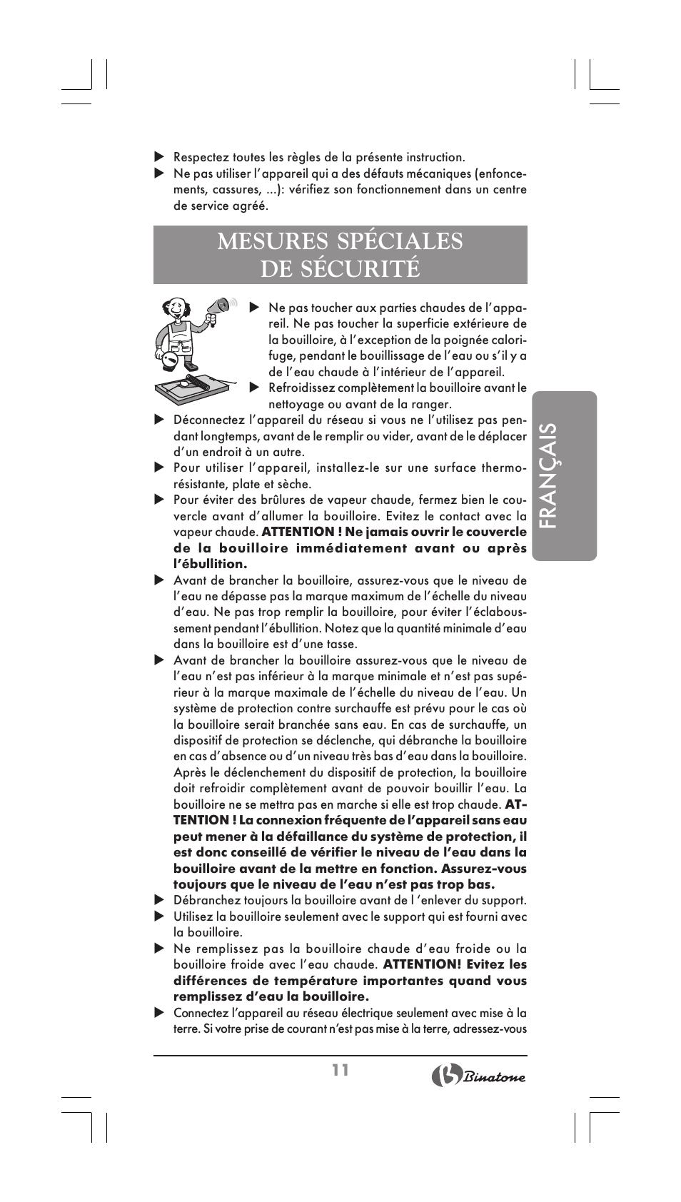 Français, Mesures spéciales de sécurité | Binatone CEJ-3500i User Manual | Page 11 / 30