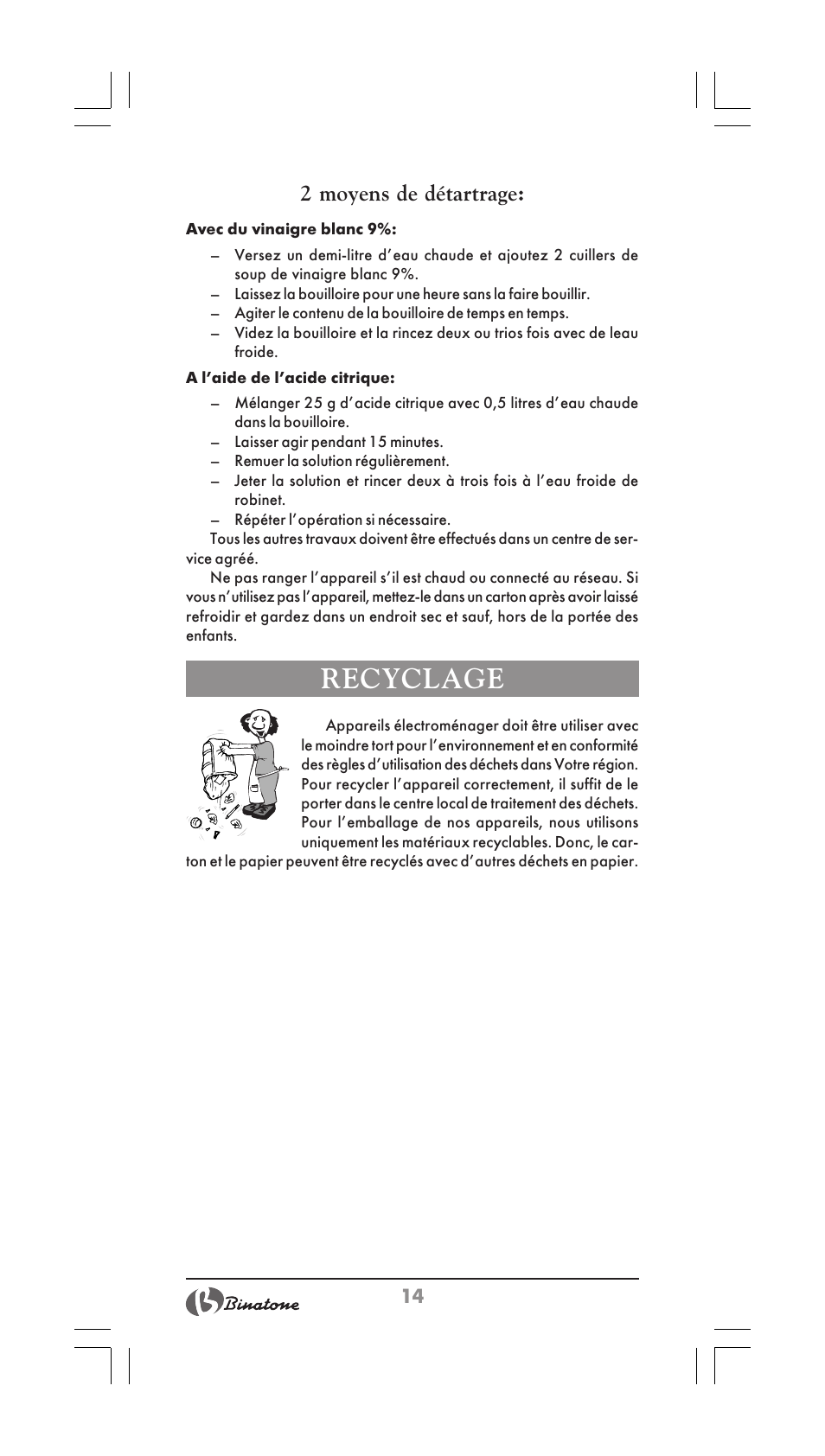 Recyclage, 2 moyens de détartrage | Binatone CEJ-3500i User Manual | Page 14 / 30