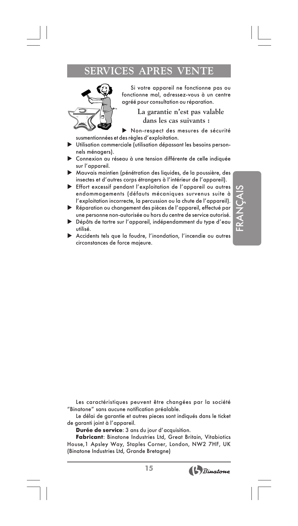 Français, Services apres vente | Binatone CEJ-3500i User Manual | Page 15 / 30