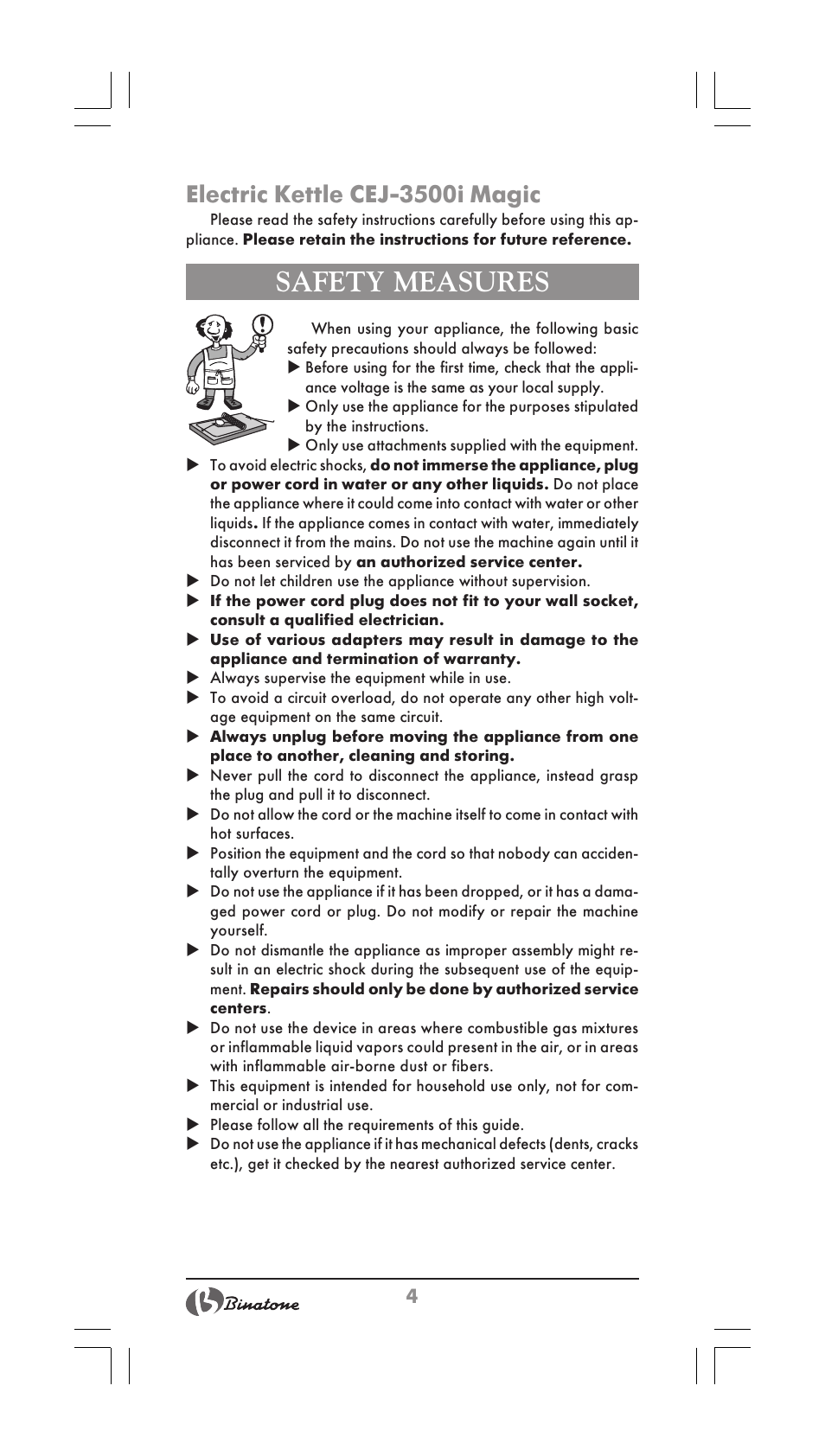 Safety measures, Electric kettle cej-3500i magic | Binatone CEJ-3500i User Manual | Page 4 / 30