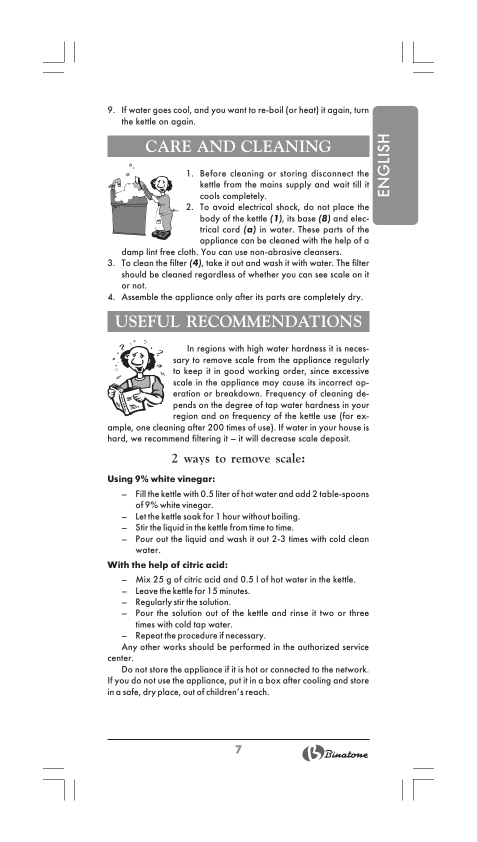 English, Care and cleaning, Useful recommendations | 2 ways to remove scale | Binatone CEJ-3500i User Manual | Page 7 / 30