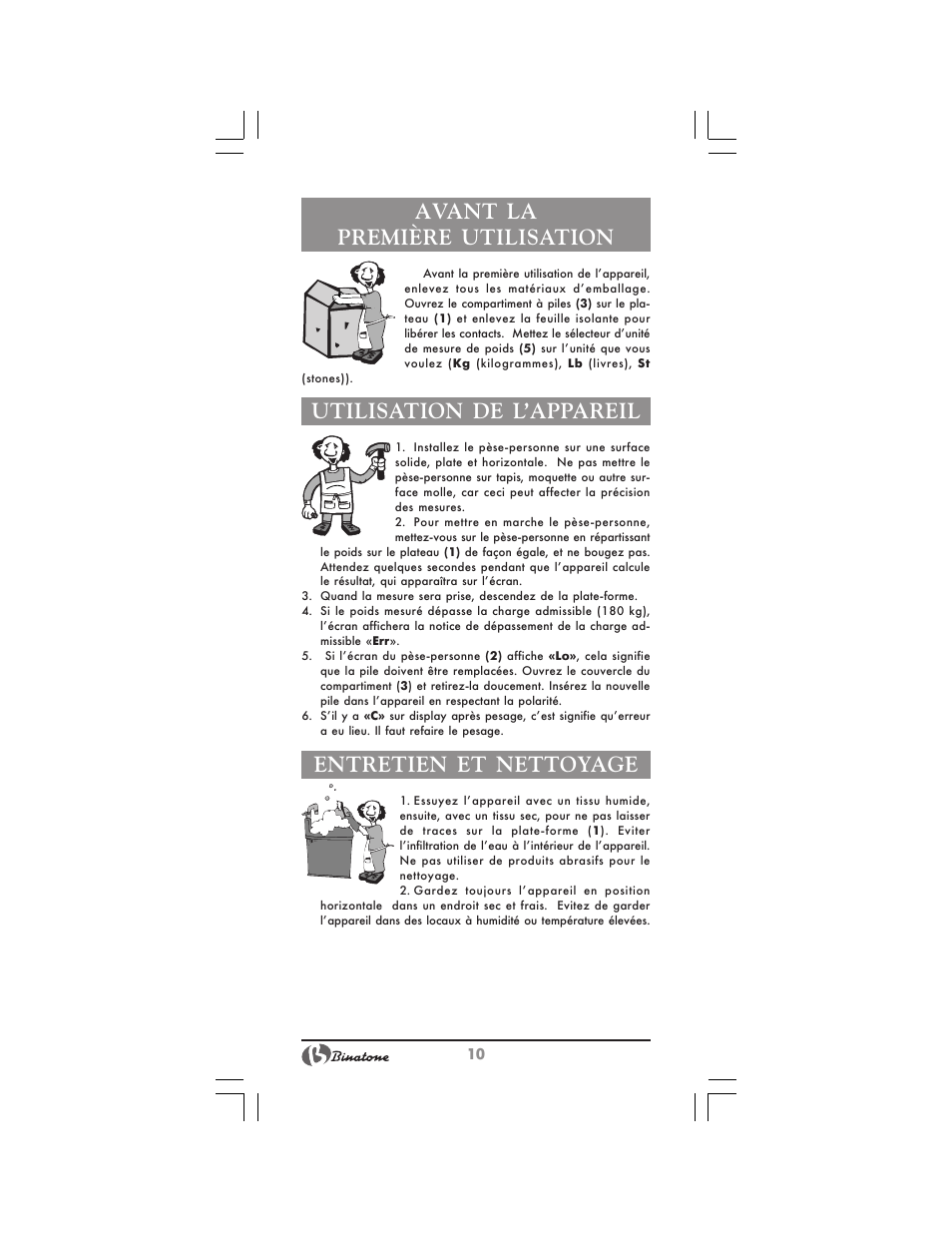 Avant la première utilisation, Utilisation de l’appareil, Entretien et nettoyage | Binatone BS-8024 User Manual | Page 10 / 20