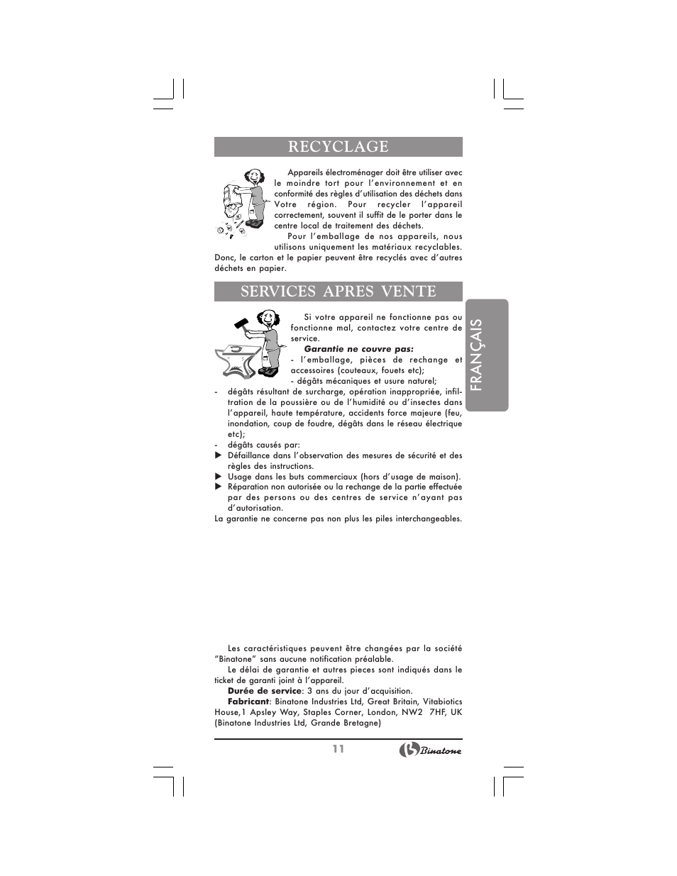 Français, Recyclage, Services apres vente | Binatone BS-8024 User Manual | Page 11 / 20