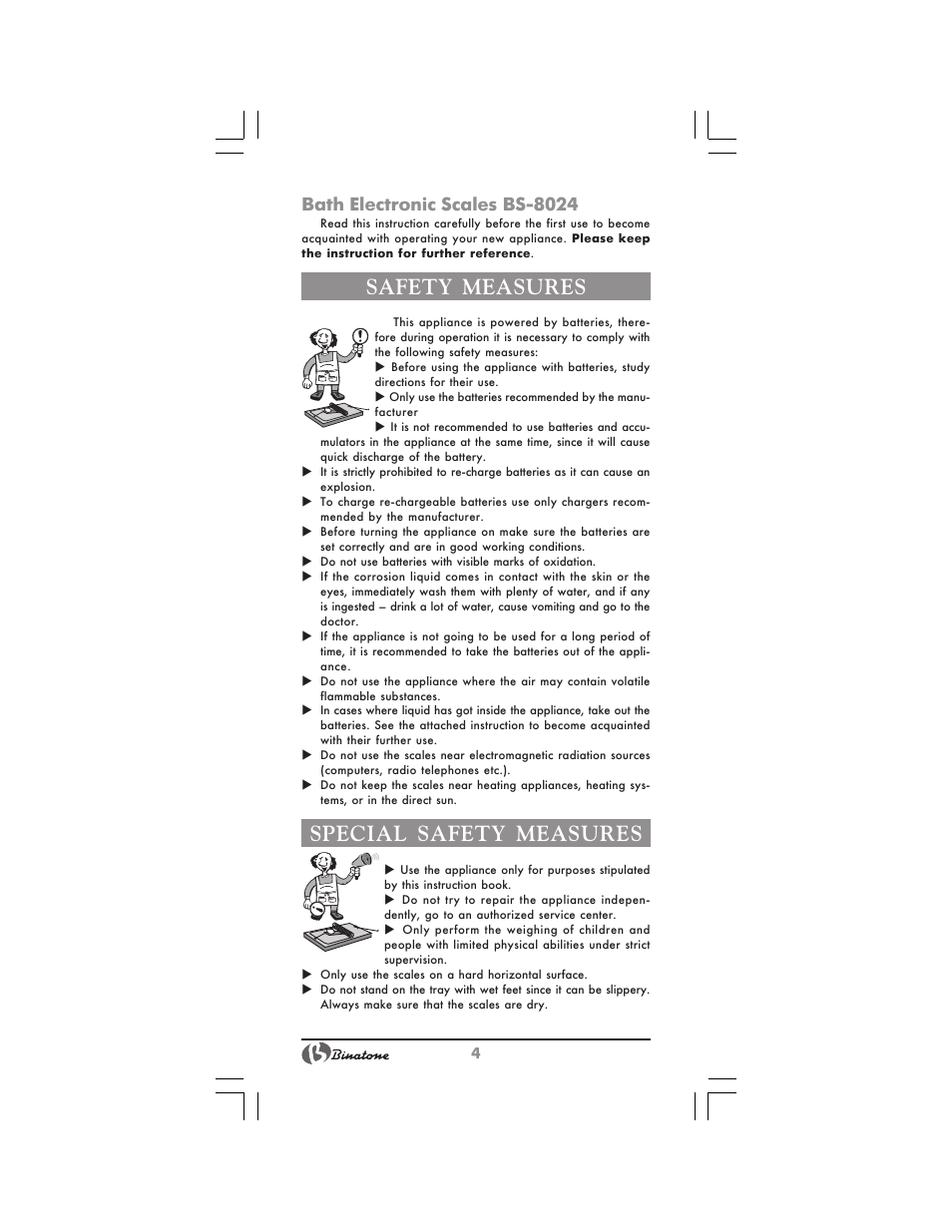 Safety measures, Special safety measures, Bath electronic scales bs 8024 | Binatone BS-8024 User Manual | Page 4 / 20