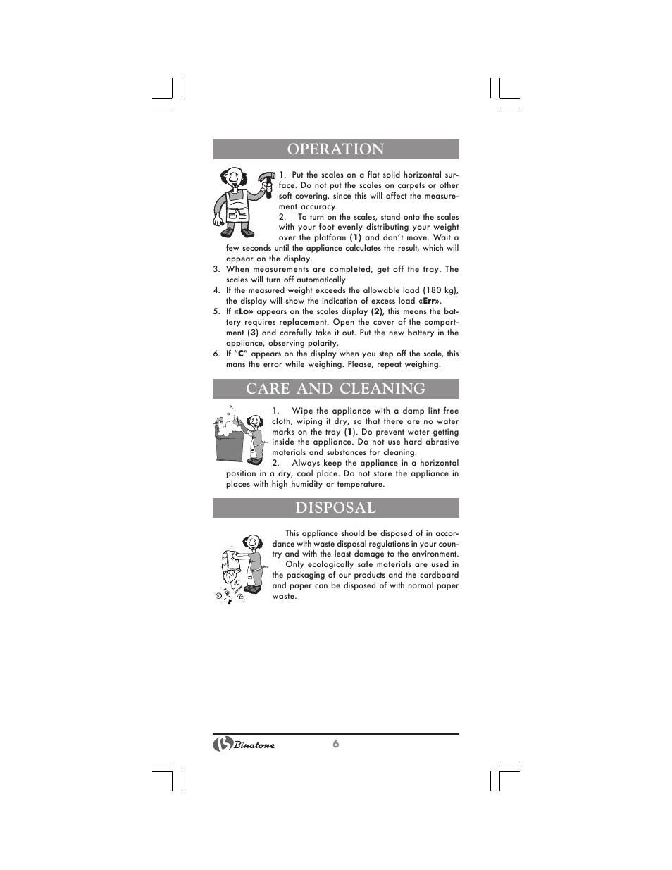 Operation, Care and cleaning, Disposal | Binatone BS-8024 User Manual | Page 6 / 20