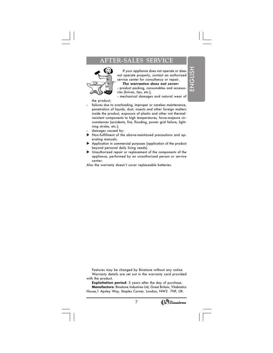 English after-sales service | Binatone BS-8024 User Manual | Page 7 / 20