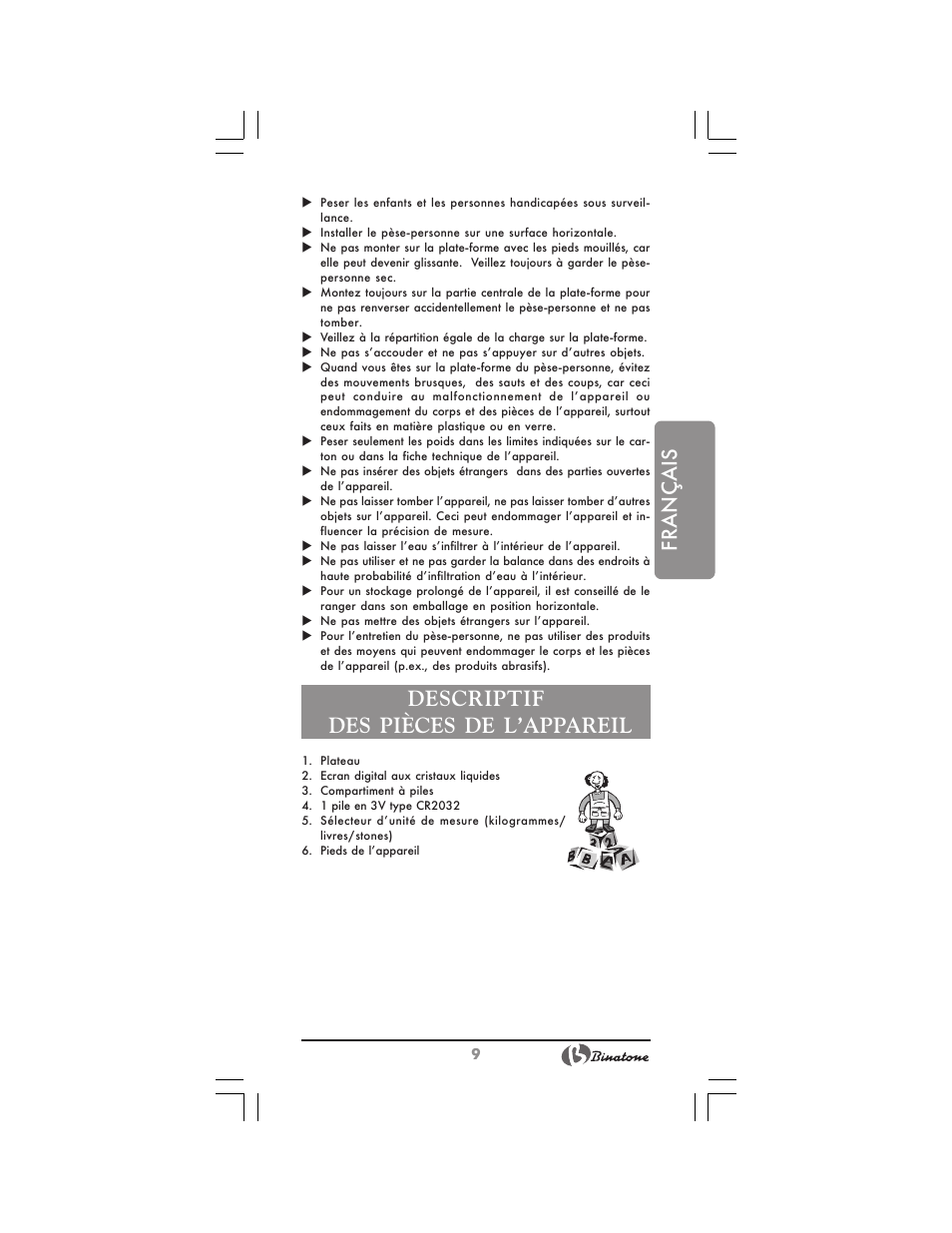 Français, Descriptif des pièces de l’appareil | Binatone BS-8024 User Manual | Page 9 / 20