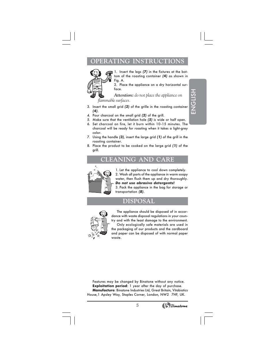 English operating instructions, Cleaning and care, Disposal | Binatone GR-7900 User Manual | Page 5 / 12