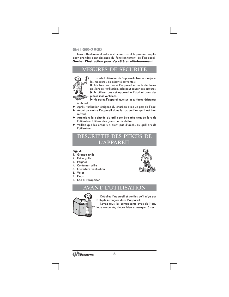 Mesures de securite, Descriptif des pieces de l’appareil, Avant l’utilisation | Notice, Gril gr 7900 | Binatone GR-7900 User Manual | Page 6 / 12