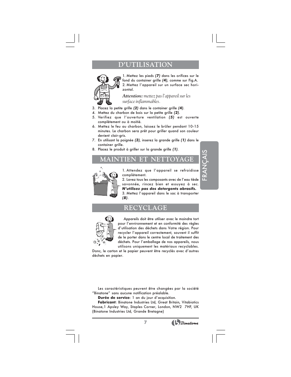 Français d’utilisation, Maintien et nettoyage, Recyclage | Binatone GR-7900 User Manual | Page 7 / 12