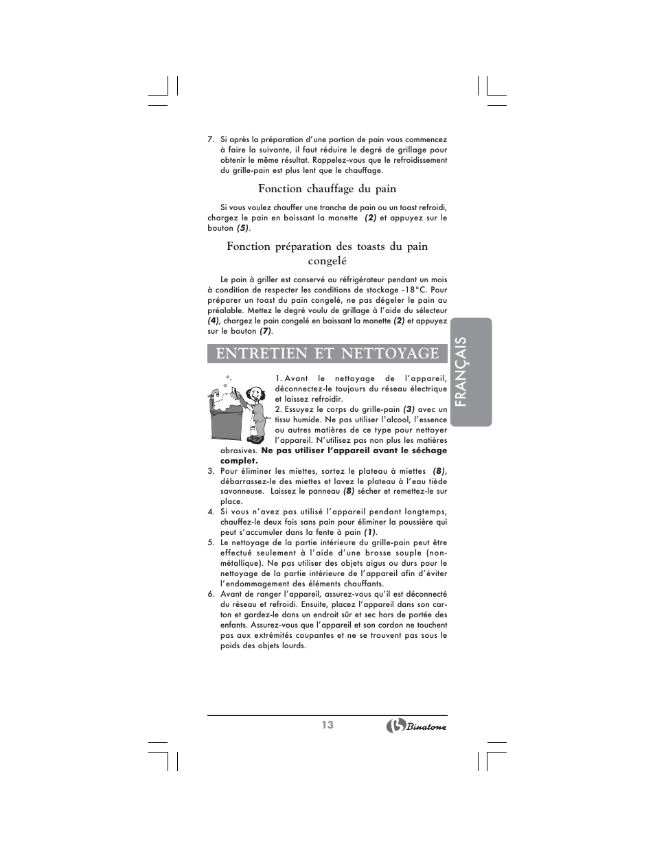 Français, Entretien et nettoyage | Binatone SGT-9901 User Manual | Page 13 / 28