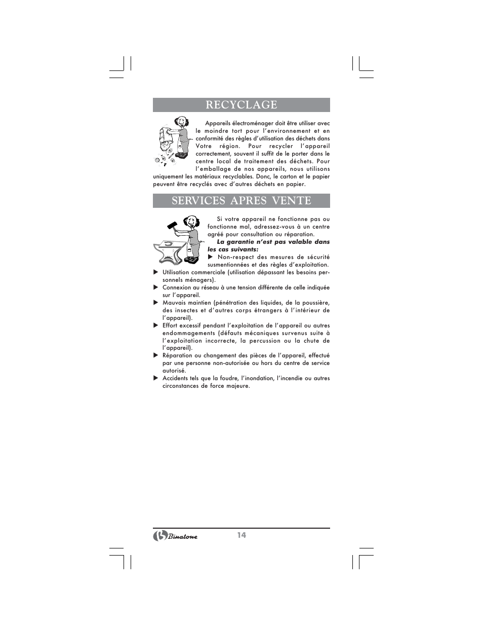 Recyclage, Services apres vente | Binatone SGT-9901 User Manual | Page 14 / 28