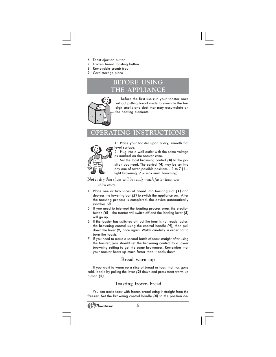 Before using the appliance, Operating instructions | Binatone SGT-9901 User Manual | Page 6 / 28