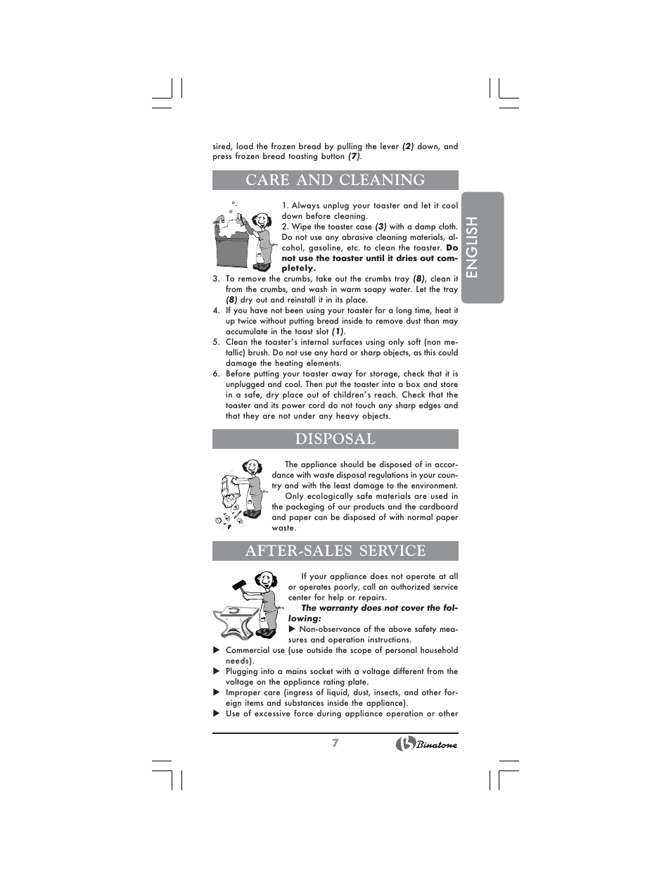 English, Care and cleaning, Disposal | After-sales service | Binatone SGT-9901 User Manual | Page 7 / 28