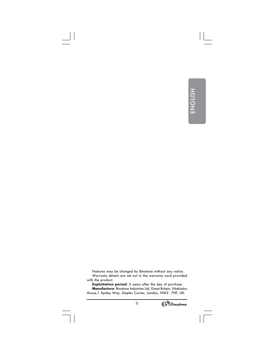 English | Binatone SGT-9901 User Manual | Page 9 / 28