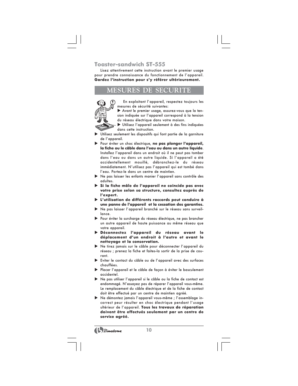 Mesures de securite, Toaster-sandwich st-555 | Binatone ST-555 User Manual | Page 10 / 28