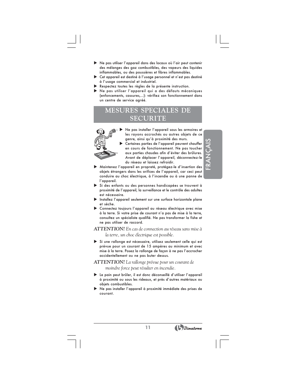 Français, Mesures speciales de securite | Binatone ST-555 User Manual | Page 11 / 28