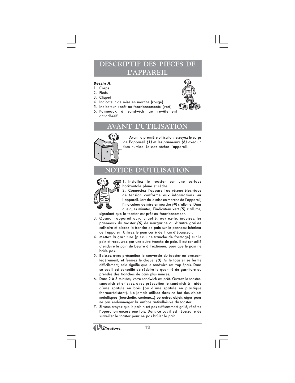 Descriptif des pieces de l’appareil, Avant l’utilisation, Notice d’utilisation | Binatone ST-555 User Manual | Page 12 / 28