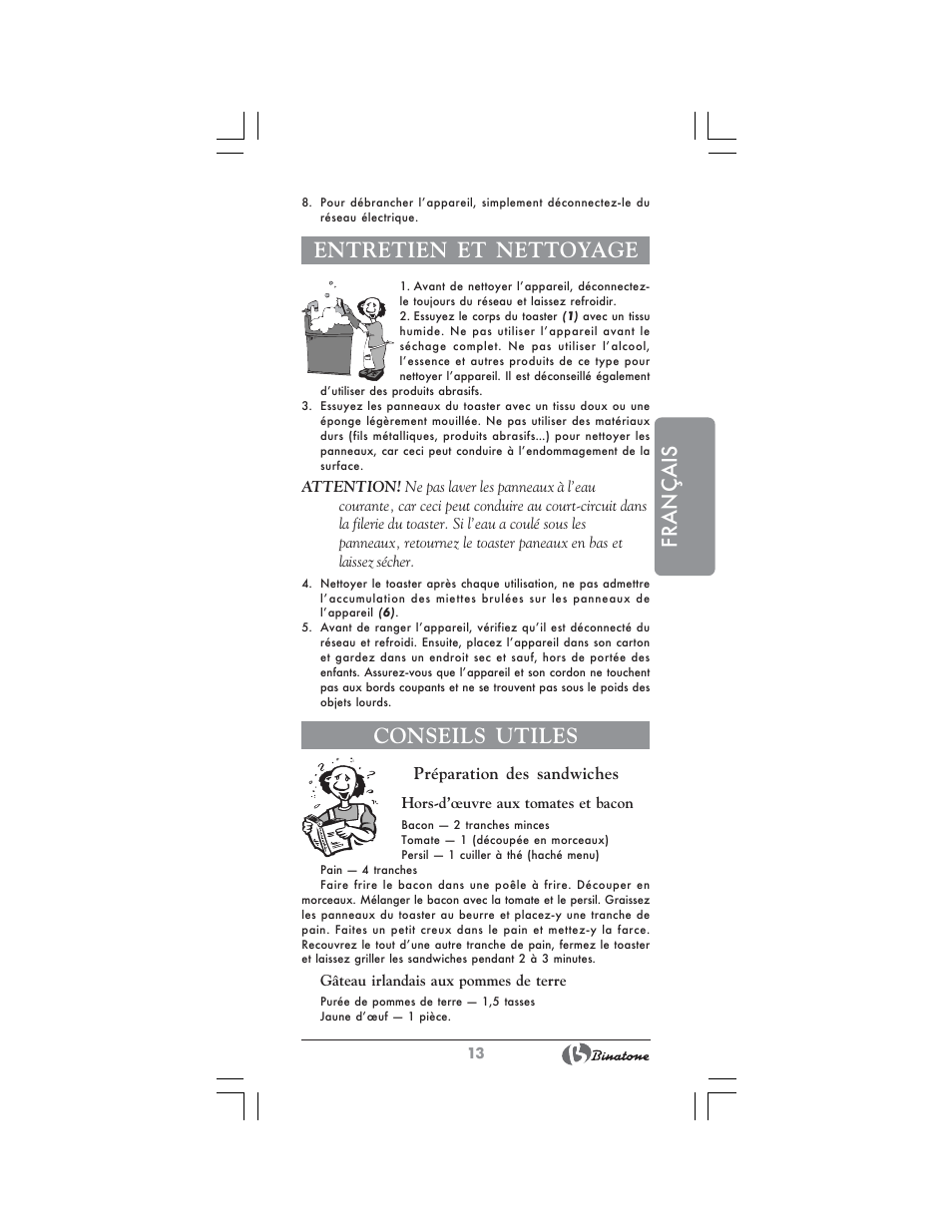 Français, Entretien et nettoyage, Conseils utiles | Binatone ST-555 User Manual | Page 13 / 28