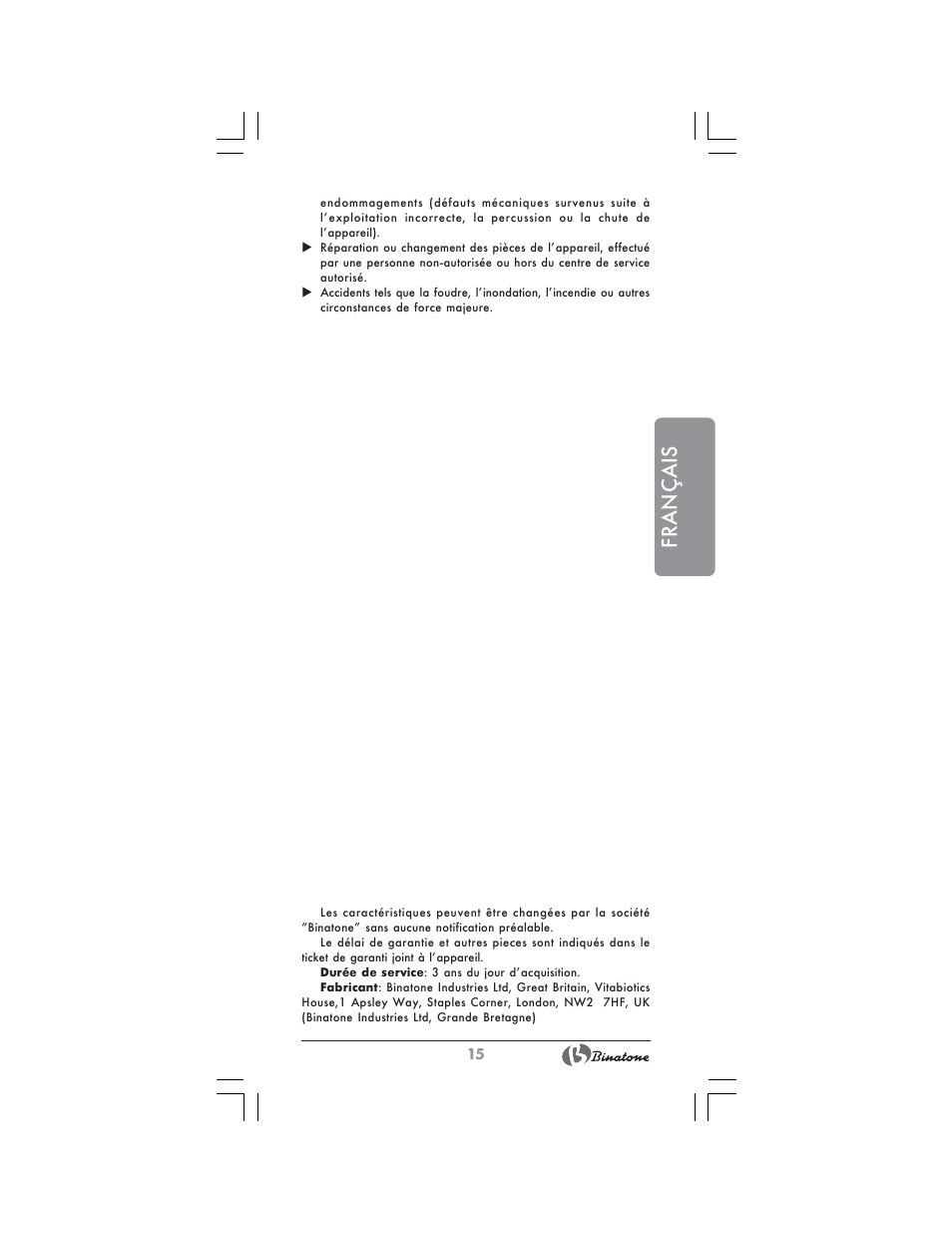 Français | Binatone ST-555 User Manual | Page 15 / 28