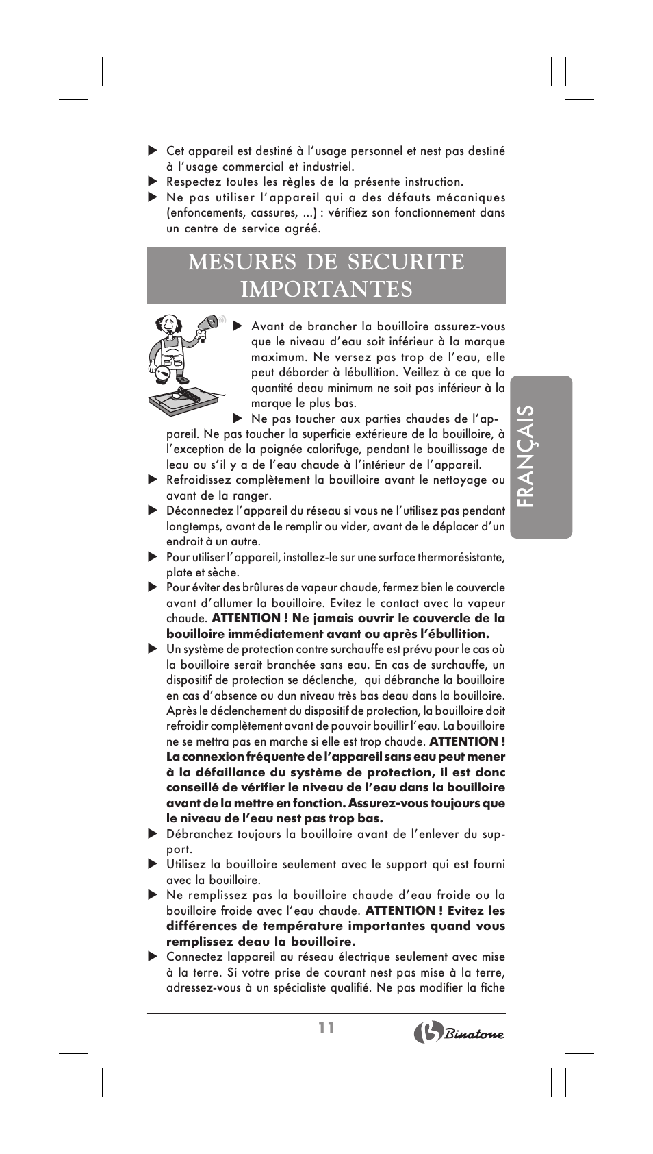 Français, Mesures de securite importantes | Binatone MEJ-1780 User Manual | Page 11 / 30