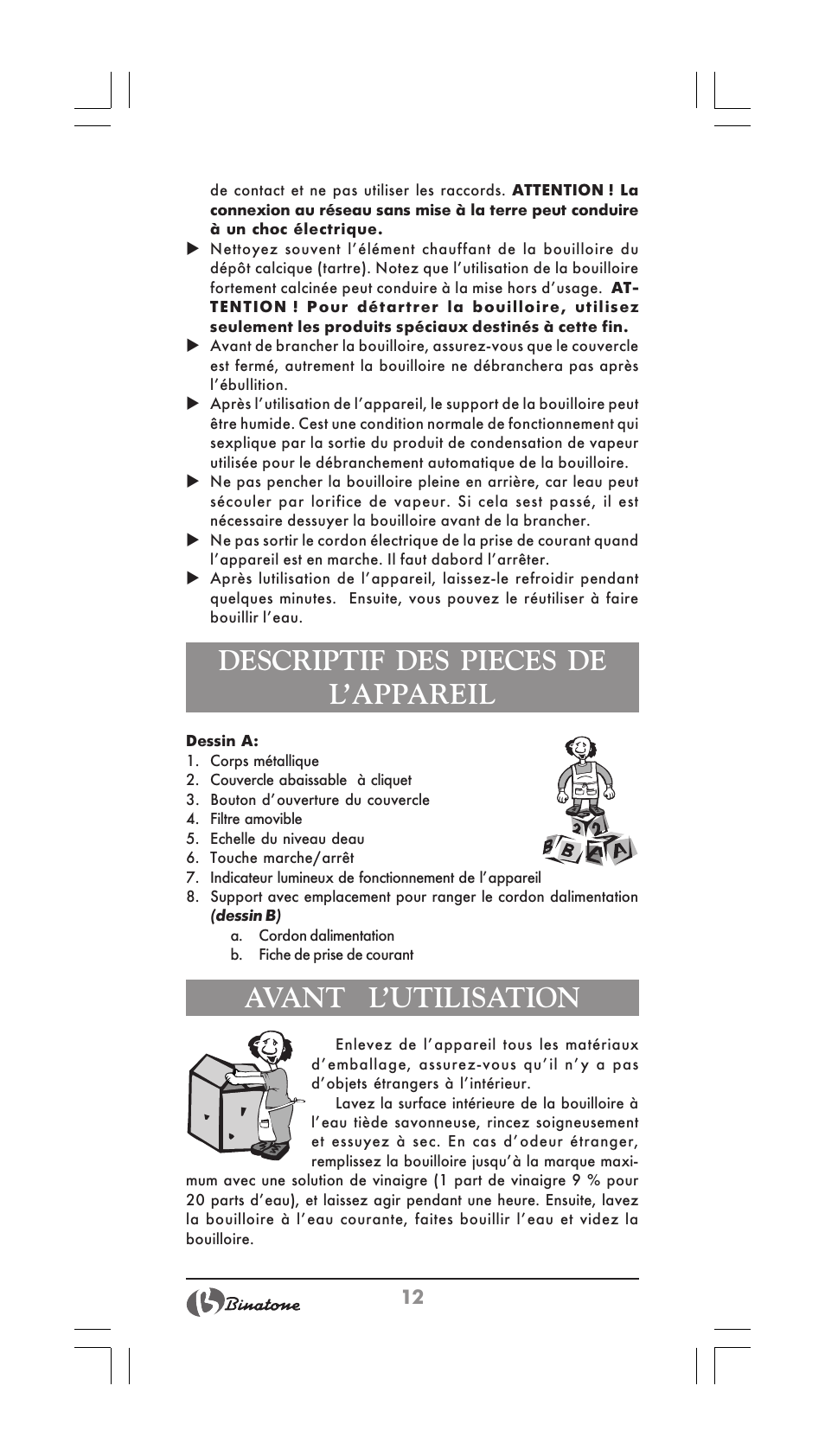 Descriptif des pieces de l’appareil, Avant l’utilisation | Binatone MEJ-1780 User Manual | Page 12 / 30