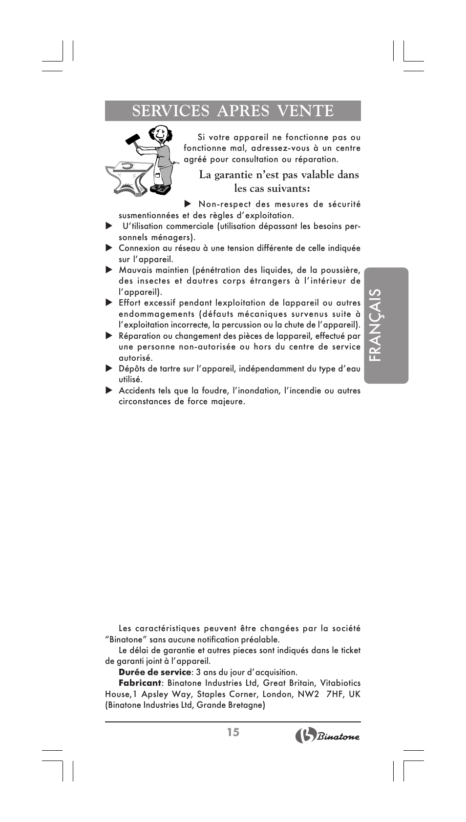 Français, Services apres vente | Binatone MEJ-1780 User Manual | Page 15 / 30