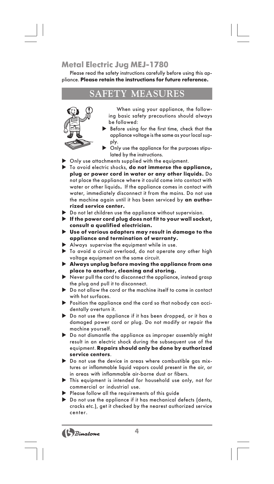 Safety measures, Metal electric jug mej-1780 | Binatone MEJ-1780 User Manual | Page 4 / 30