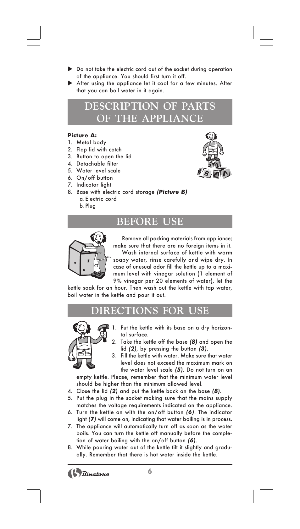 Description of parts of the appliance, Before use, Directions for use | Binatone MEJ-1780 User Manual | Page 6 / 30