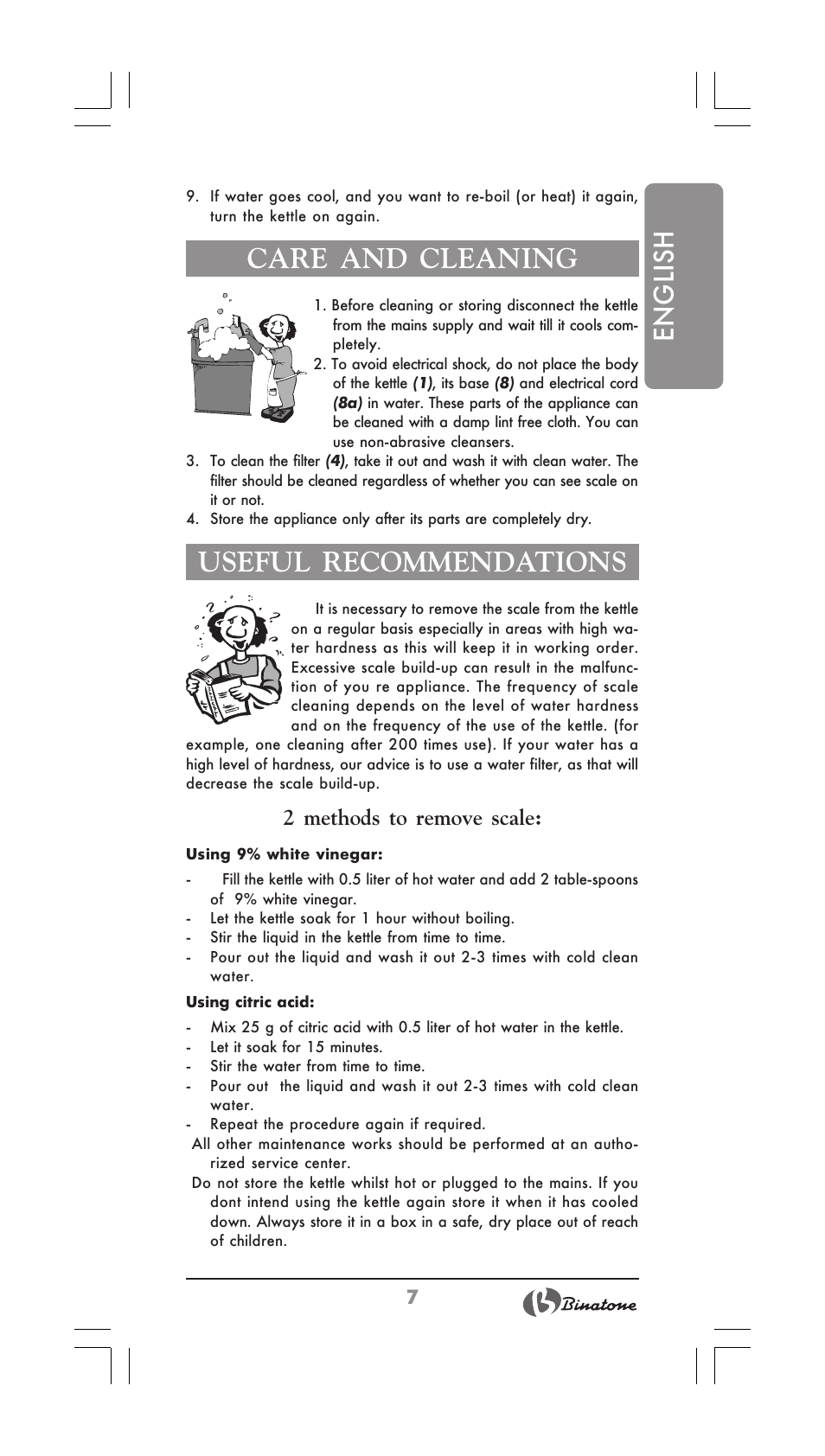 English, Care and cleaning, Useful recommendations | 2 methods to remove scale | Binatone MEJ-1780 User Manual | Page 7 / 30