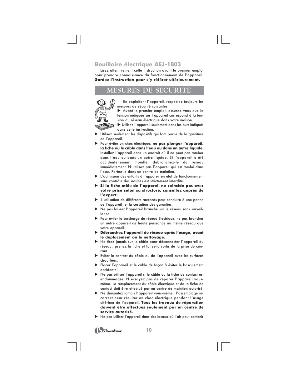 Mesures de securite, Bouilloire électrique aej-1803 | Binatone AEJ-1803 User Manual | Page 10 / 28