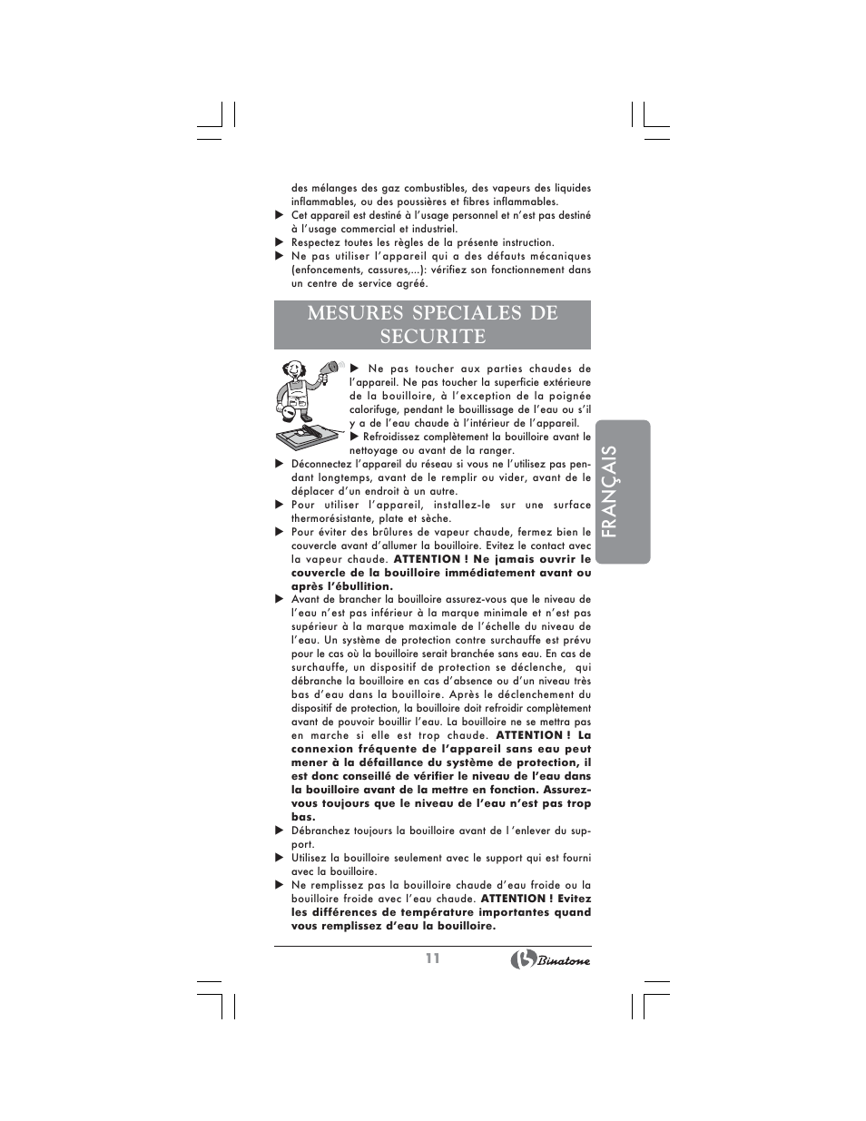 Français, Mesures speciales de securite | Binatone AEJ-1803 User Manual | Page 11 / 28
