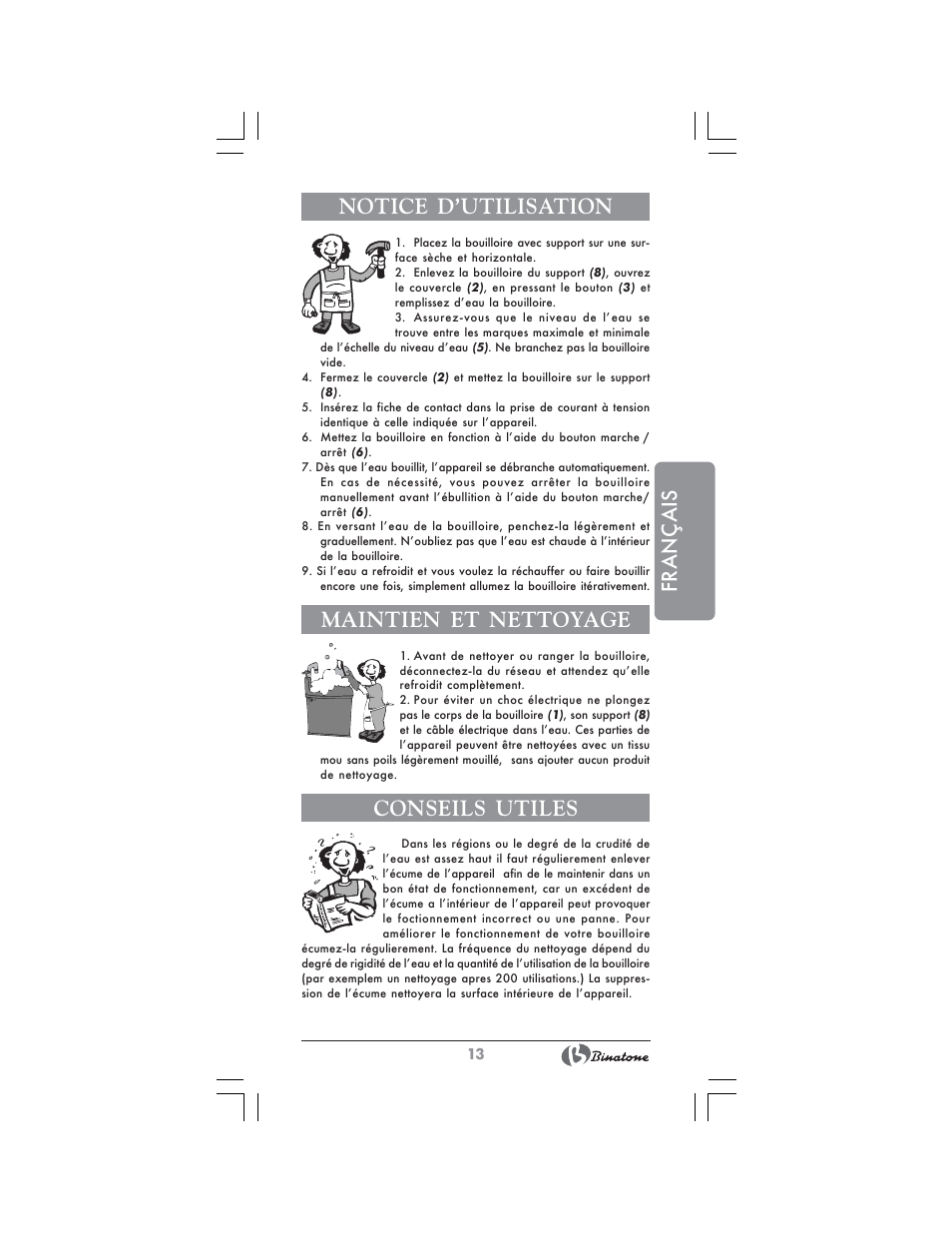 Français notice d’utilisation, Maintien et nettoyage, Conseils utiles | Binatone AEJ-1803 User Manual | Page 13 / 28