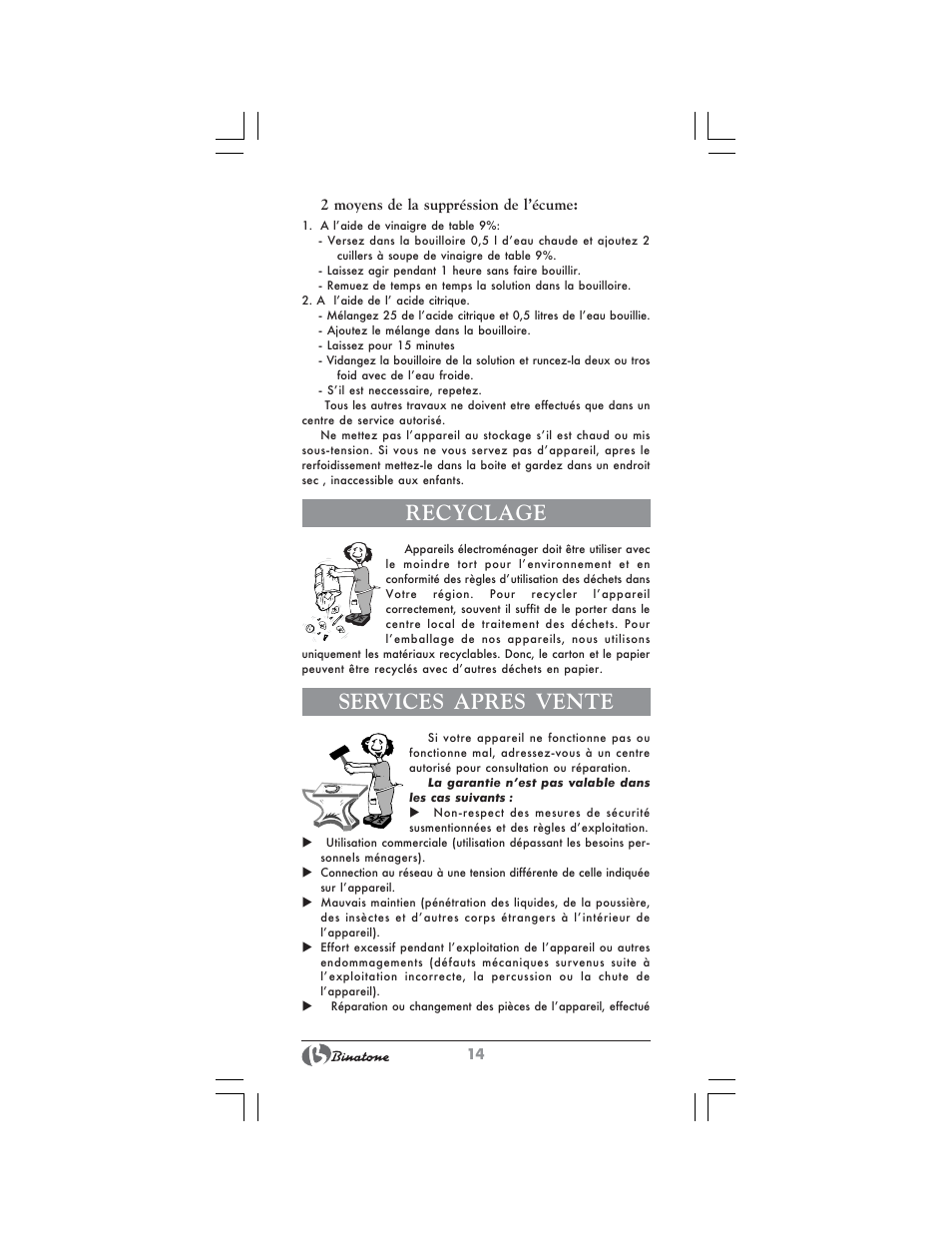 Recyclage, Services apres vente | Binatone AEJ-1803 User Manual | Page 14 / 28