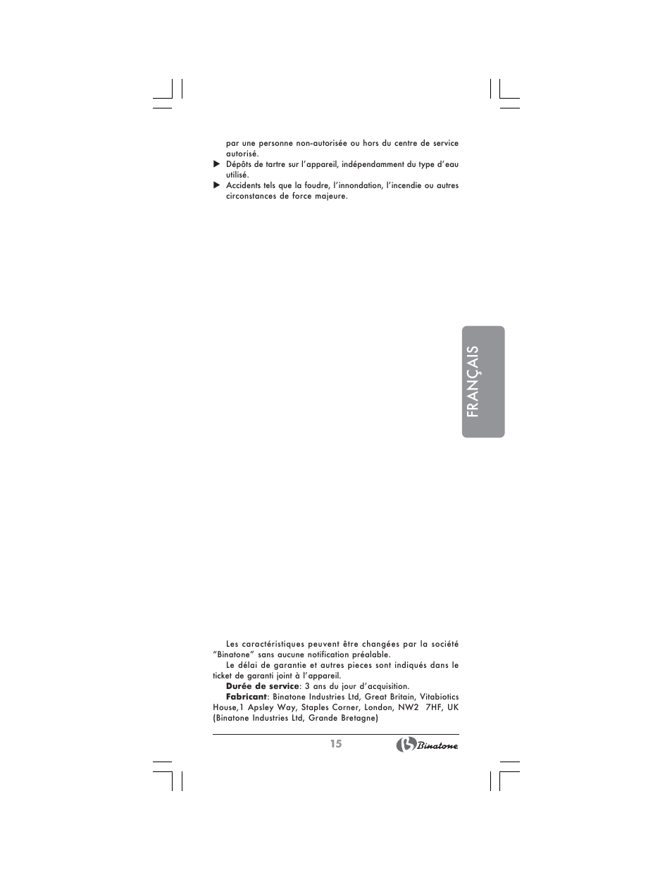 Français | Binatone AEJ-1803 User Manual | Page 15 / 28