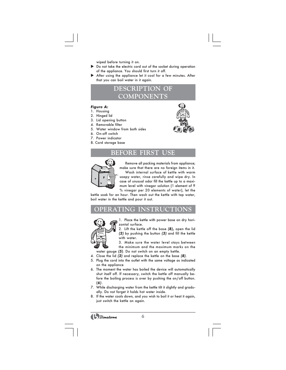 Description of components, Before first use, Operating instructions | Binatone AEJ-1803 User Manual | Page 6 / 28