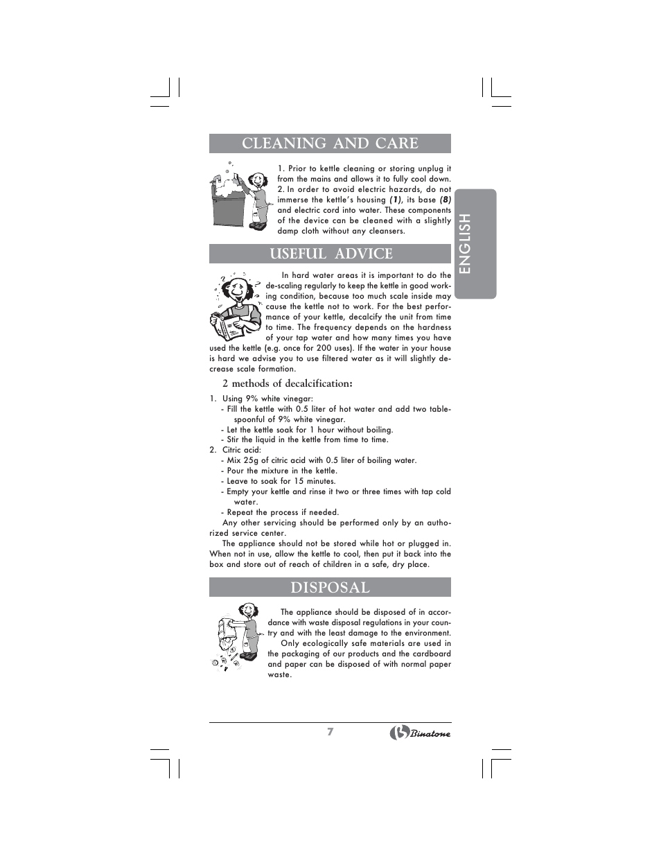 English cleaning and care, Useful advice, Disposal | Binatone AEJ-1803 User Manual | Page 7 / 28