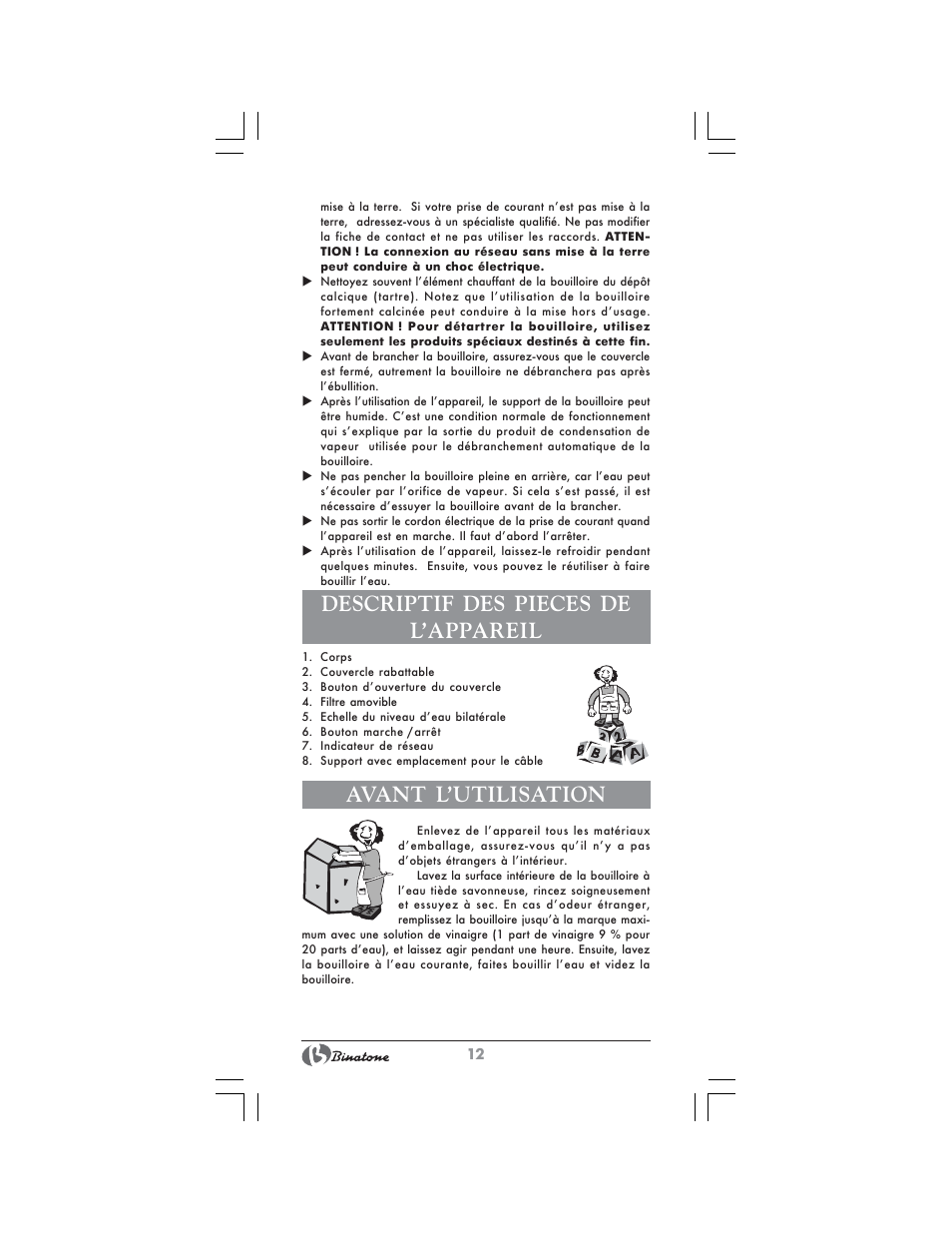 Descriptif des pieces de l’appareil, Avant l’utilisation | Binatone CEJ-1741 User Manual | Page 12 / 28