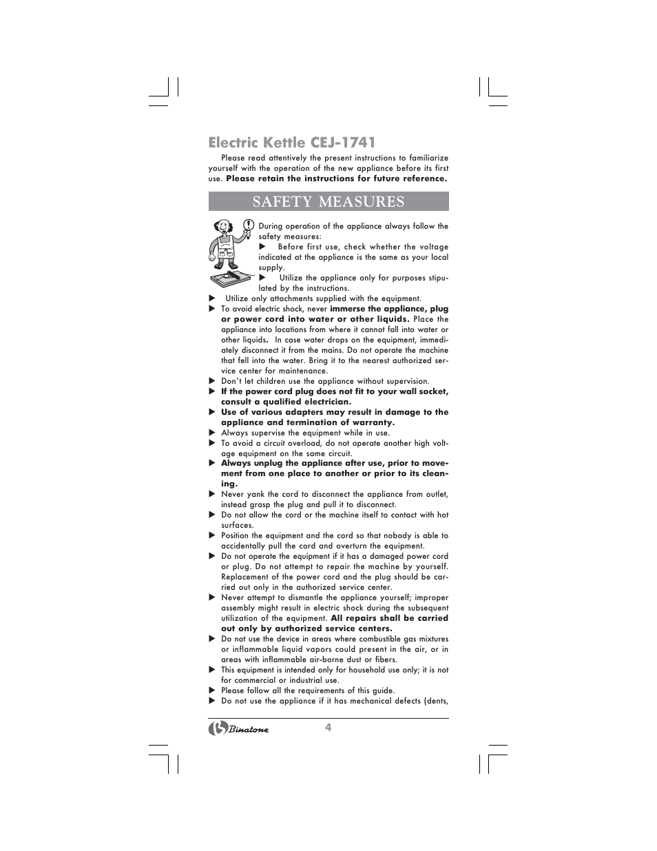 Electric kettle cej-1741, Safety measures | Binatone CEJ-1741 User Manual | Page 4 / 28
