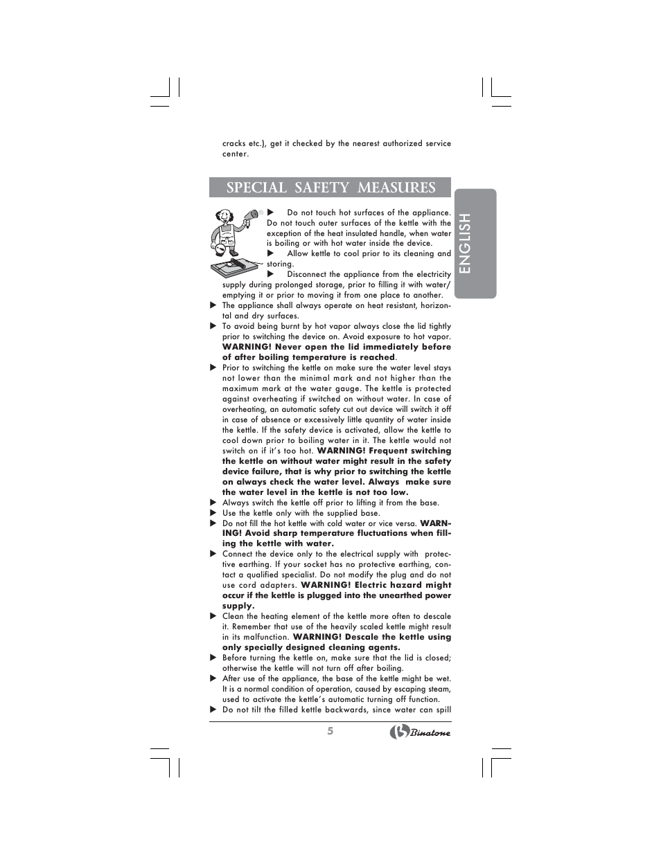 English, Special safety measures | Binatone CEJ-1741 User Manual | Page 5 / 28