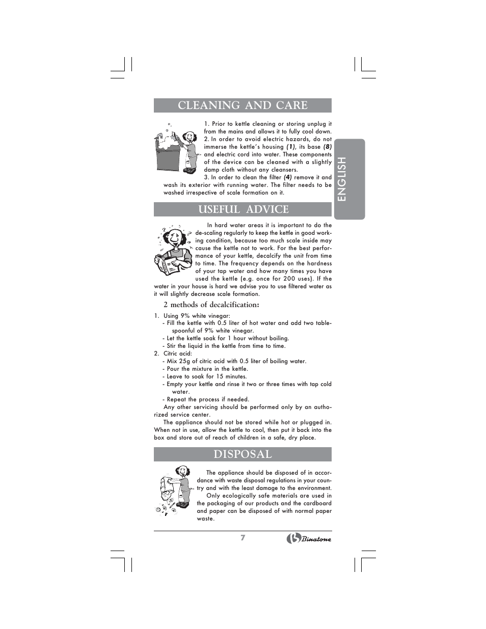 English cleaning and care, Useful advice, Disposal | Binatone CEJ-1741 User Manual | Page 7 / 28
