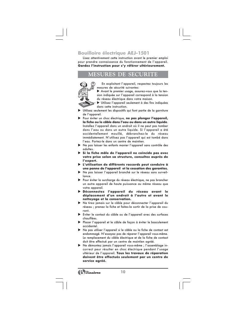 Mesures de securite, Bouilloire électrique aej-1501 | Binatone AEJ-1501 User Manual | Page 10 / 28