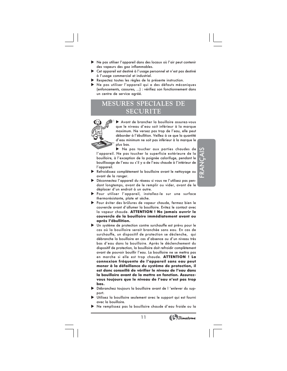 Français, Mesures speciales de securite | Binatone AEJ-1501 User Manual | Page 11 / 28