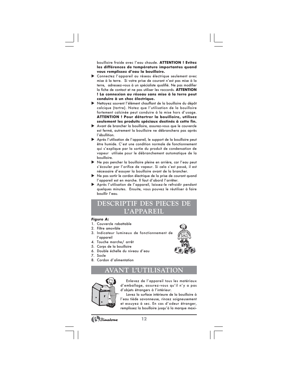 Descriptif des pieces de l’appareil, Avant l’utilisation | Binatone AEJ-1501 User Manual | Page 12 / 28