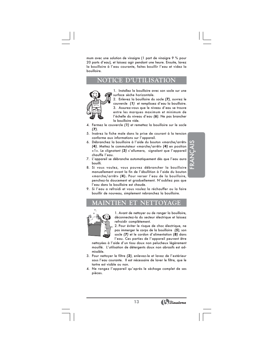 Français, Notice d’utilisation, Maintien et nettoyage | Binatone AEJ-1501 User Manual | Page 13 / 28