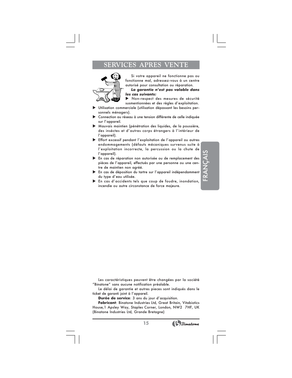 Français, Services apres vente | Binatone AEJ-1501 User Manual | Page 15 / 28